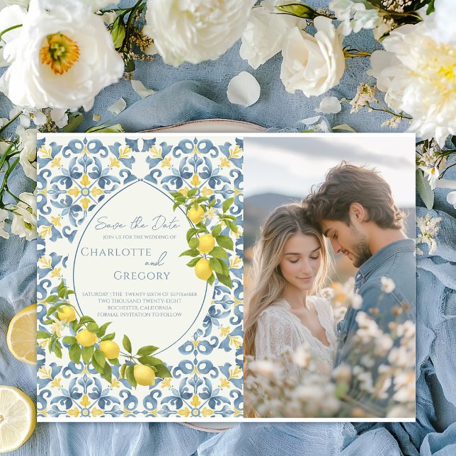 Italienisch Blue Tile Lemon Wedding Ankündigungspostkarte (Von Creator hochgeladen)