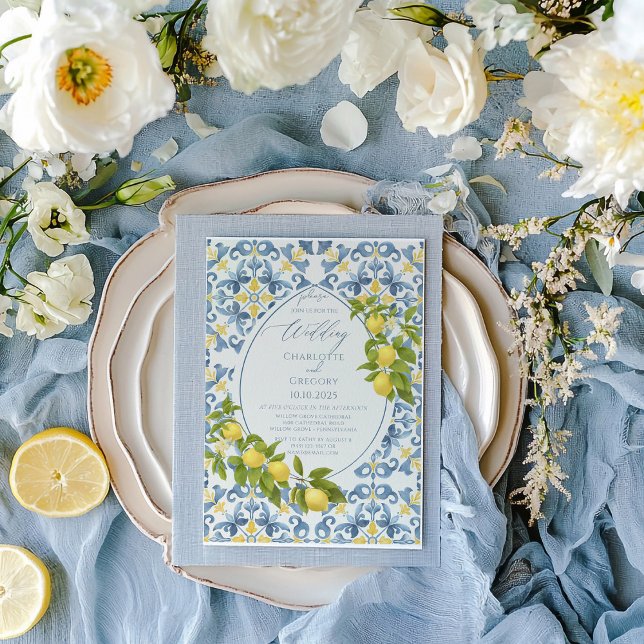 Italienisch Blue Tile Lemon Wedding Einladung (Von Creator hochgeladen)
