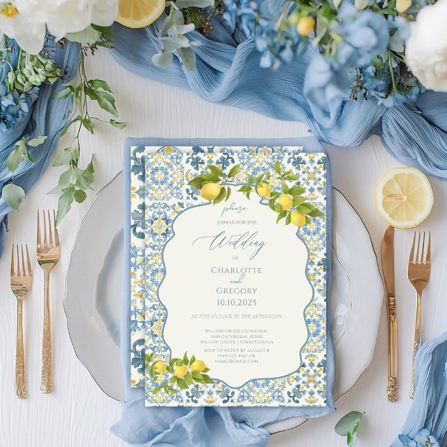Italienisch Blue Tile Lemon Wedding Einladung (Von Creator hochgeladen)