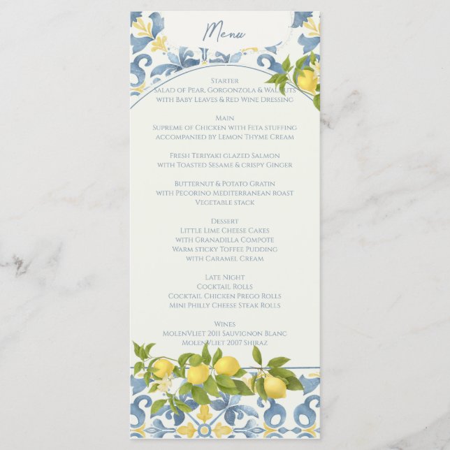 Italienisch Blue Tile Lemon Wedding Menükarte (Vorderseite)