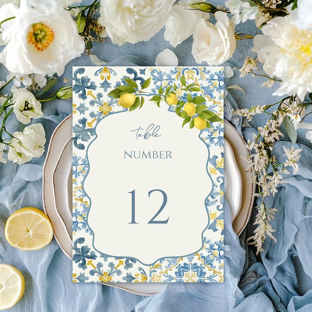 Italienisch Blue Tile Lemon Wedding Tischnummer (Von Creator hochgeladen)