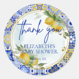 Italienisch Blue Tile Lemons Citrus Script Vielen  Runder Aufkleber