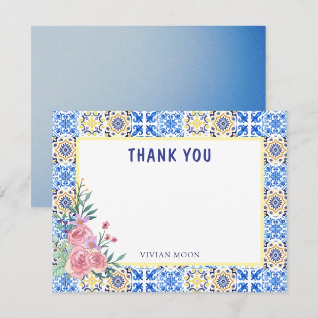 Italienisch Blue Tile Mamma Mia Blank Dankeskarte (Vorne/Hinten)