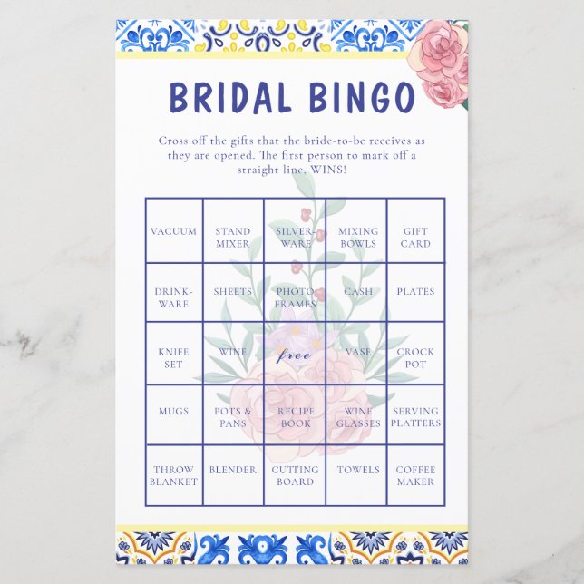 Italienisch Blue Tile Mamma Mia Brautparty Bingo (Vorderseite)