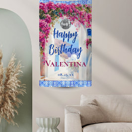 Italienisch Blue Tile Pink Blume Mamma Mia Party Banner