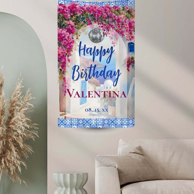 Italienisch Blue Tile Pink Blume Mamma Mia Party Banner (Von Creator hochgeladen)