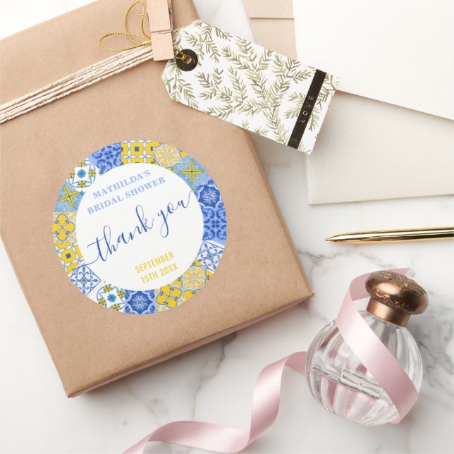 Italienisch Blue Tile Summer Brautparty Vielen Dan Runder Aufkleber (Schenken)