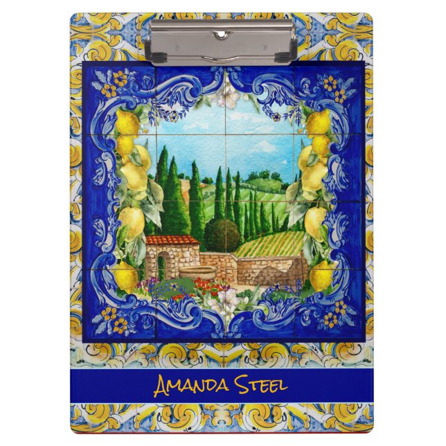 Italienisch Majolica blauen Fliesen Zitrusmonogram Klemmbrett (Vorderseite)