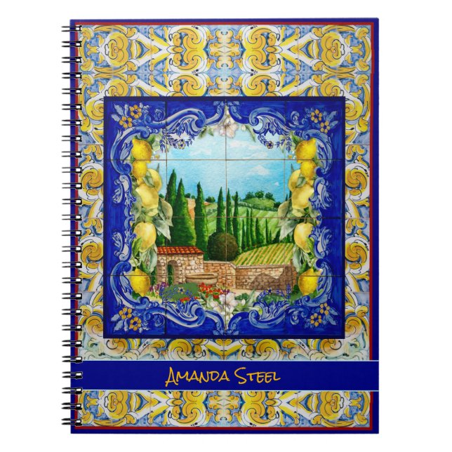 Italienisch Majolica blauen Fliesen Zitrusmonogram Notizblock (Vorderseite)