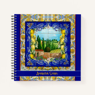 Italienisch Majolica blauen Fliesen Zitrusmonogram Notizbuch