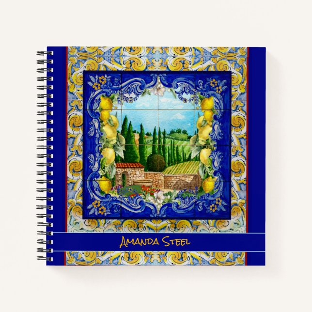 Italienisch Majolica blauen Fliesen Zitrusmonogram Notizbuch (Vorderseite)