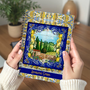 Italienisch Majolica blauen Fliesen Zitrusmonogram Notizbuch