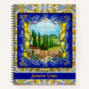 Italienisch Majolica blauen Fliesen Zitrusmonogram Notizbuch