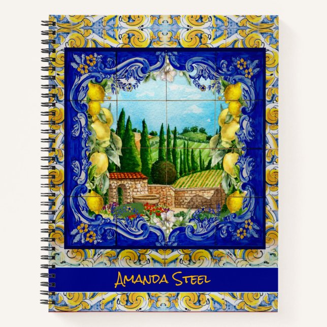 Italienisch Majolica blauen Fliesen Zitrusmonogram Notizbuch (Vorderseite)