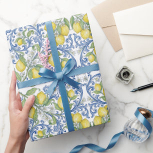Italienisch Mediterrane Blaue Zitronenblüte Geschenkpapier