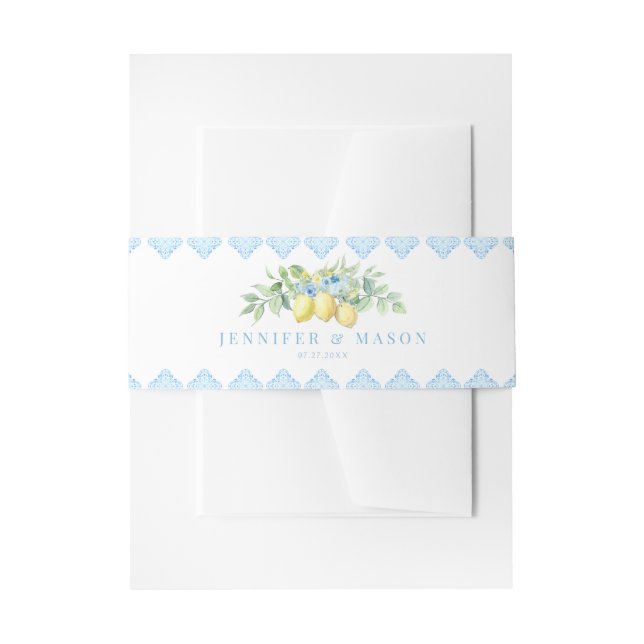 Italienisch Mediterranes Blauer Tile Lemon Hochzei Einladungsbanderole (Vorderseite Beispiel)