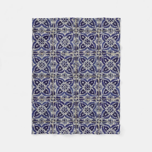 Italienisch-rustikale Tiles Azulejo Blue White Geo Fleecedecke (Vorderseite)