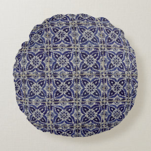 Italienisch-rustikale Tiles Azulejo Blue White Geo Rundes Kissen
