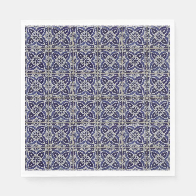 Italienisch-rustikale Tiles Azulejo Blue White Geo Serviette (Vorderseite)