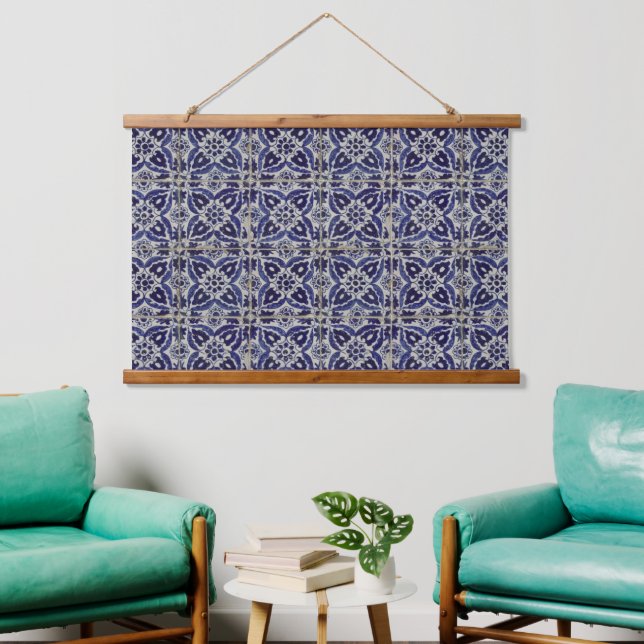 Italienisch-rustikale Tiles Azulejo Blue White Geo Wandteppich Mit Holzrahmen (Wohnzimmer)