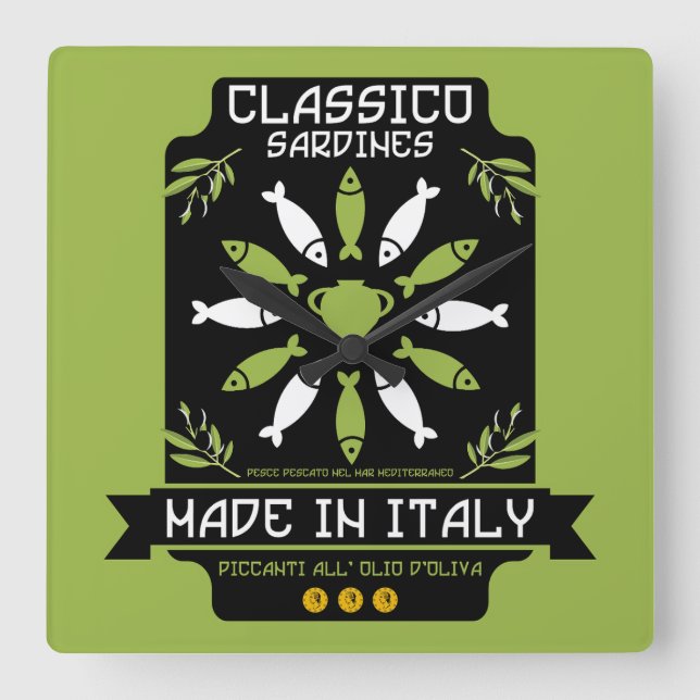 Italienisch Sardine Art Print Kitchen Geschenk Quadratische Wanduhr (Vorderseite)