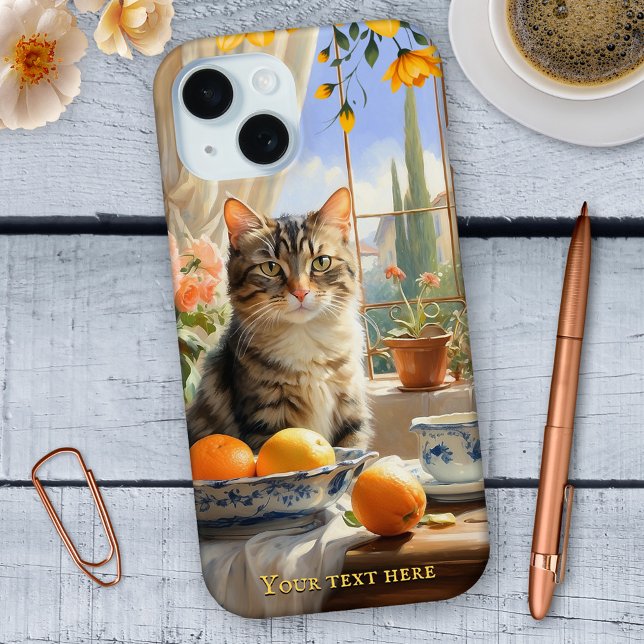 Italienisch Tabby Cat Fine Art Phone Case (Phone case featuring a Mediterranean style painting of a cute cat on a kitchen counter in Italy)