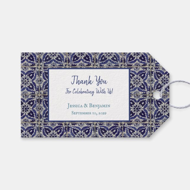 Italienisch Tiles Azulejo Blue White Geometric Wed Geschenkanhänger (Vorderseite (Horizontal))