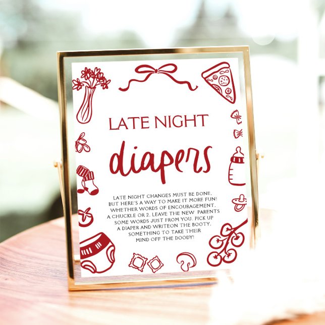 Italienische Babydusche Spätnachtsdiapers Poster (Hand Drawn Italian Baby Shower Late Night Diapers Sign)