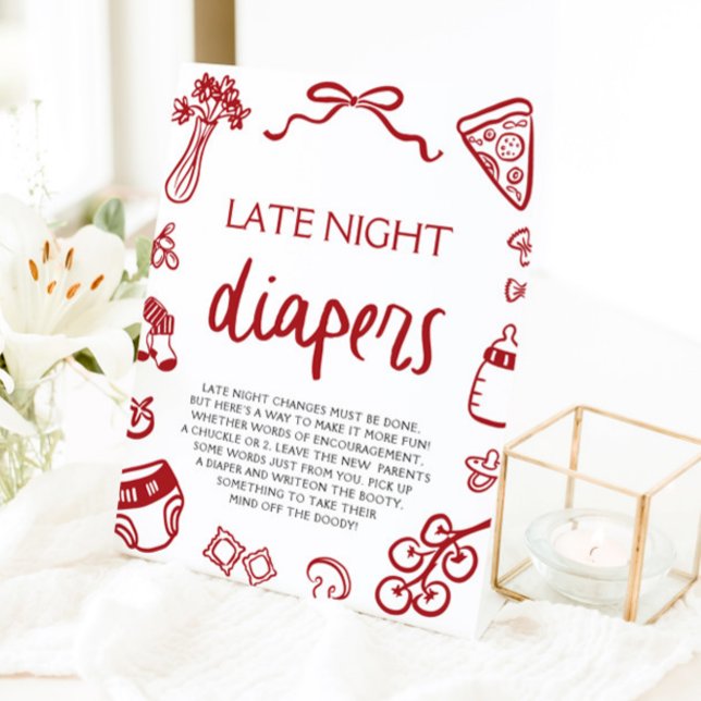 Italienische Babydusche Spätnachtsdiapers Sockelschild (Hand Drawn Italian Baby Shower Late Night Diapers Pedestal Sign)
