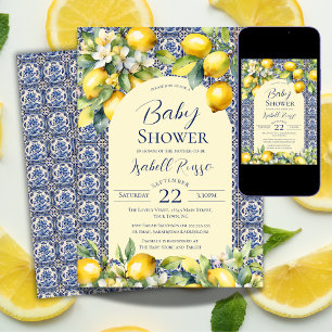 Italienische blaue Fliesen Aquarell-Zitrone Baby S Einladung