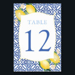 Italienische blaue Fliesen Wasserfarben Lemons Hoc Tischnummer<br><div class="desc">Aquarellfarbene Zitronen und hübsche Blüten vor dem Hintergrund kobaltblauer und weißer Kacheln für dieses stilvolle Hochzeit-,  Dusche- oder Geburtstagsdesign der Tischnummer.</div>