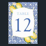 Italienische blaue Fliesen Wasserfarben Lemons Hoc Tischnummer<br><div class="desc">Aquarellfarbene Zitronen und hübsche Blüten vor dem Hintergrund kobaltblauer und weißer Kacheln für dieses stilvolle Hochzeit-,  Dusche- oder Geburtstagsdesign der Tischnummer.</div>