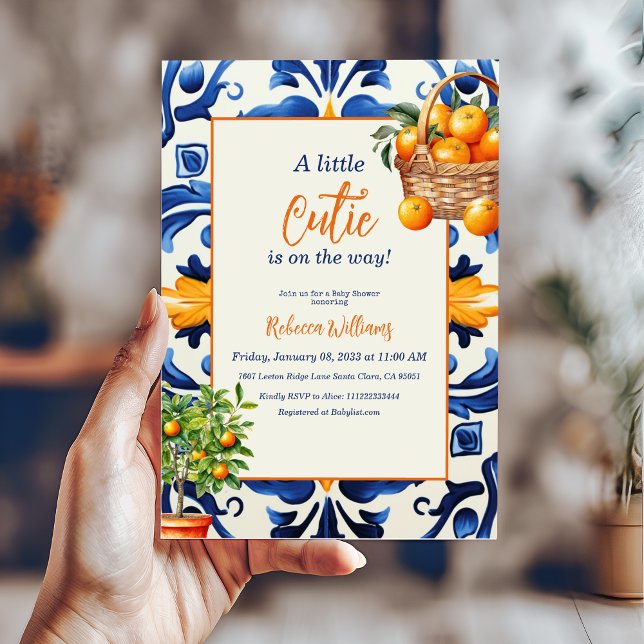 Italienische Blauer Tile Süsse Orange Citrus Baby  Einladung (Von Creator hochgeladen)