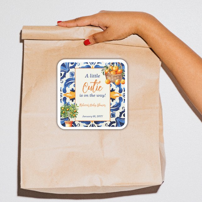 Italienische Blauer Tile Süsse Orange Citrus Baby  Quadratischer Aufkleber (Von Creator hochgeladen)