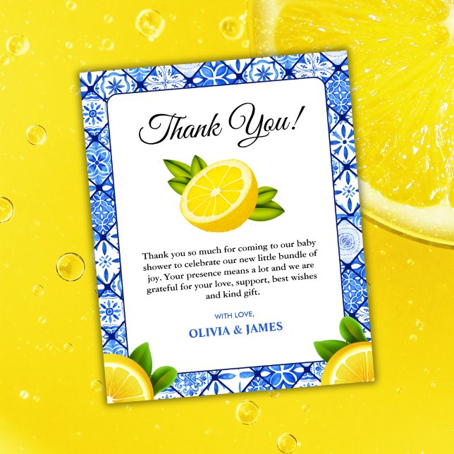 Italienische Blue Tile Lemon Kinderdusche Danke Ka (Budget Italian Blue Tile Lemon Baby Shower Thank You Card )