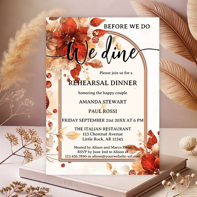 Italienische Blume Hochzeit Probe Dinner Einladung (Italian red flowers watercolor wedding rehearsal dinner invitation with script text)
