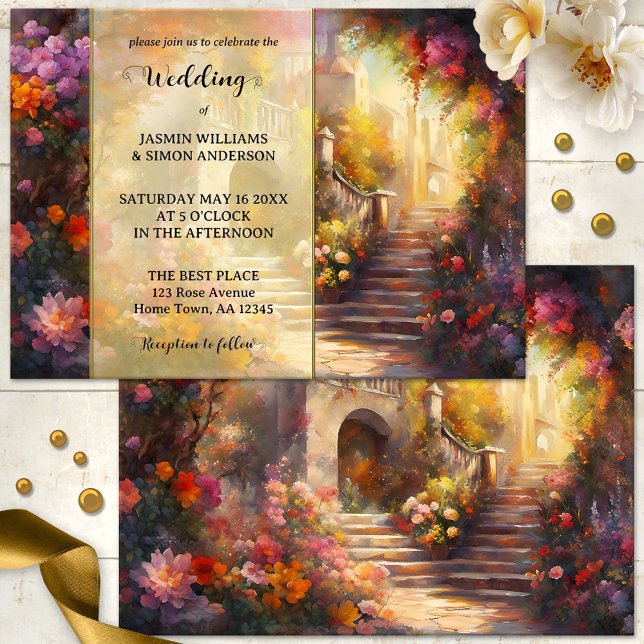 Italienische Blumenhochzeit Einladung (Wedding invitation featuring a dreamy artistic scene inspired by an Italian summer)