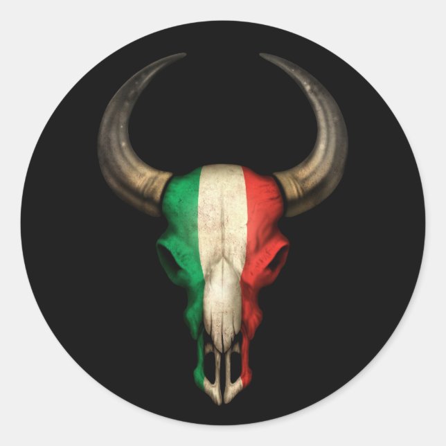 Italienische Flagge Bull Skull auf schwarz Runder Aufkleber (Vorderseite)