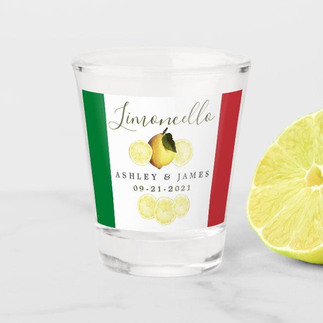 Italienische Flagge Hochzeitdatum Ihre Namen Limon Schnapsglas (Vorderseite)