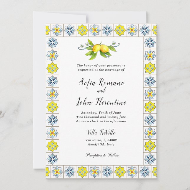 Italienische Fliesengrenze mit Lemons Wedding Invi Einladung (Vorderseite)
