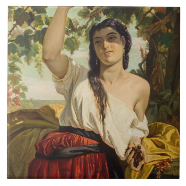 Italienische Frau, die Trauben pflückt (Sommerernt Fliese (Vorderseite)