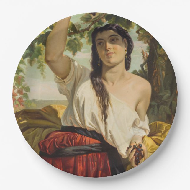 Italienische Frau, die Trauben pflückt (Sommerernt Pappteller (Vorderseite)