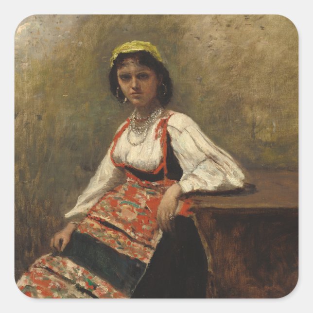 Italienische Frau (La Morieri) von Corot Quadratischer Aufkleber (Vorderseite)