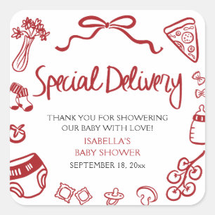 Italienische handgezeichnete Special Delivery Baby Quadratischer Aufkleber