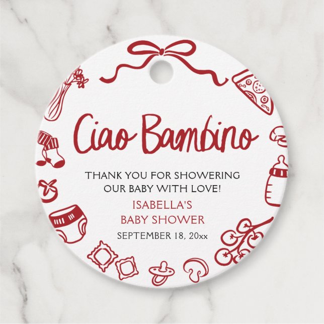 Italienische Handgezogene Pizza Ciao Bambino Babyd Geschenkanhänger (Vorderseite)