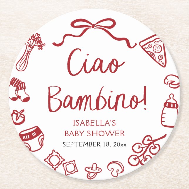 Italienische Handgezogene Pizza Ciao Bambino Babyd Runder Pappuntersetzer (Vorderseite)