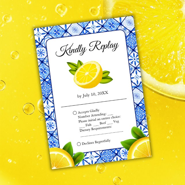 Italienische Hochzeit der blauen Tile Lemon RSVP Karte (Mediterranean Italian Blue Tile Lemon Wedding RSVP Card )