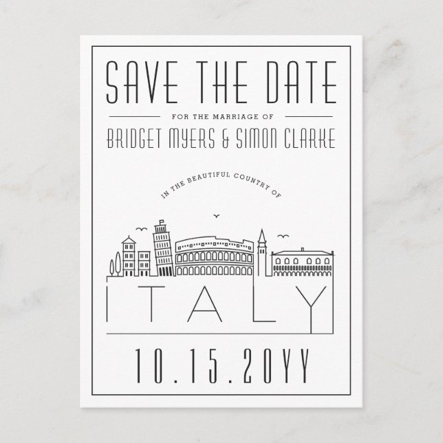 Italienische Hochzeit | Stilisierte Skyline Save t Postkarte (Vorderseite)