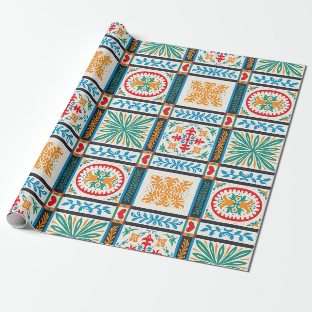 Italienische Kachel. Stickerei mit Blume und Geschenkpapier (Ungerollt)