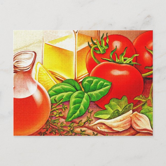 Italienische Kochzutaten Tomaten/Paradeiser und Ba Postkarte (Vorderseite)